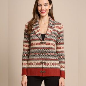 081. New TELLURIDE CLOTHING CO %100 Wool Nordic Fair Isle Cardigan Sweater